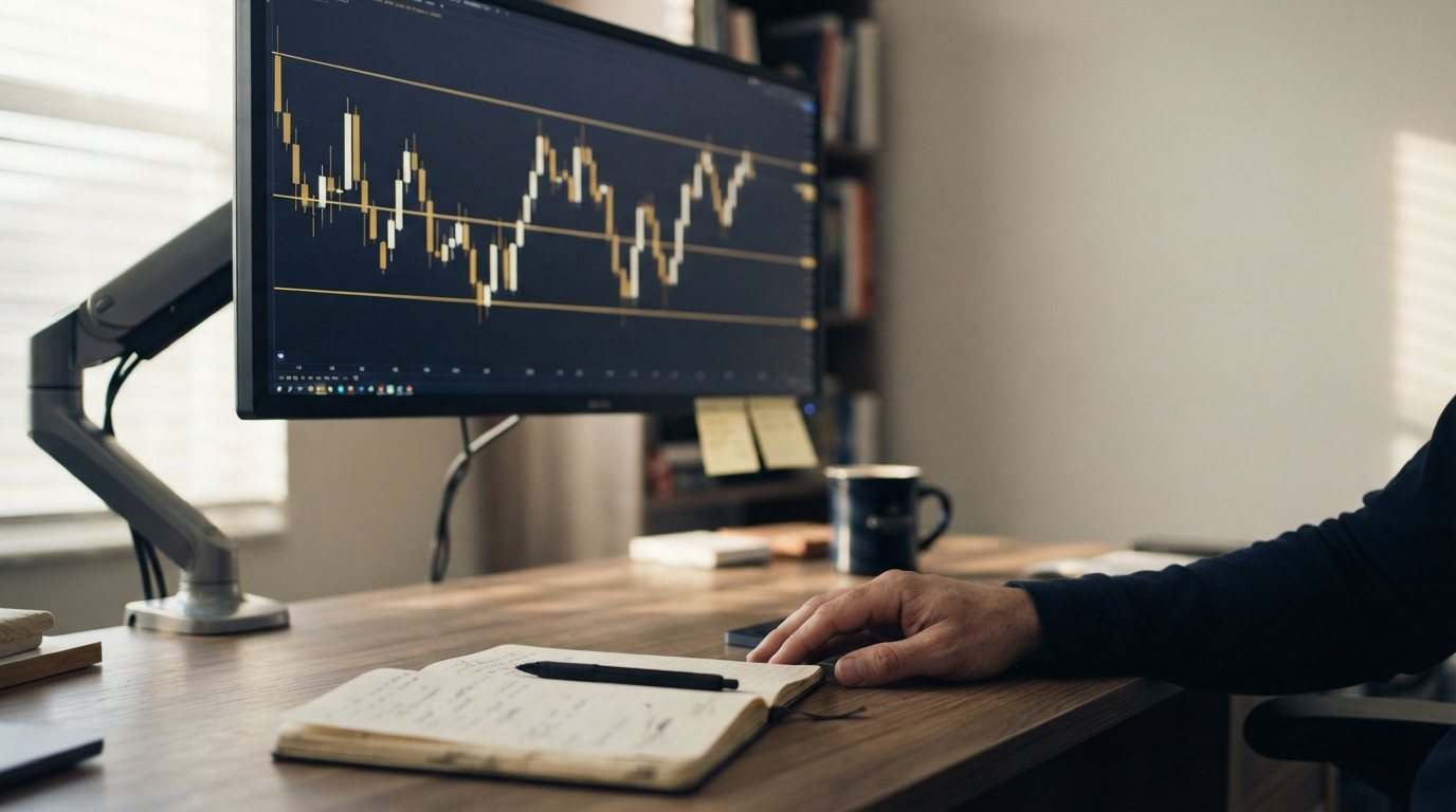Close, slightly low three-quarter view across a used desk toward the working face of a single large monitor showing a candlestick chart with three clean horizontal lines drawn across it; a hand rests beside an open notebook and a pen at the front of the frame, a mug and a sticky note on the bezel; warm directional morning daylight through a blind from the left; the top of the monitor sits within the top 15% of the frame so there is no empty ceiling, and the desk is tidy and well kept, not gritty