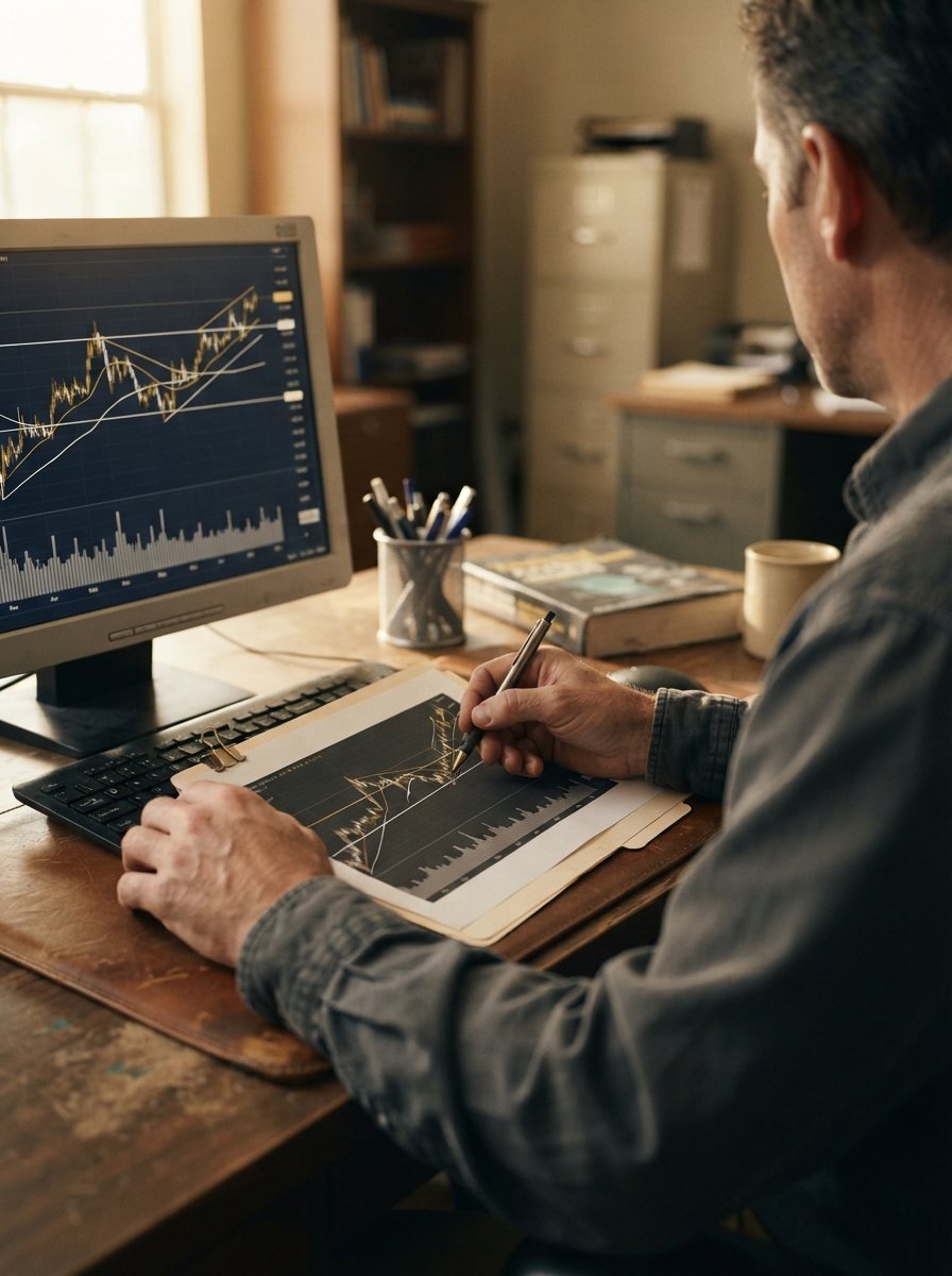 A trader's desk mid-session, the monitor showing an annotated price chart